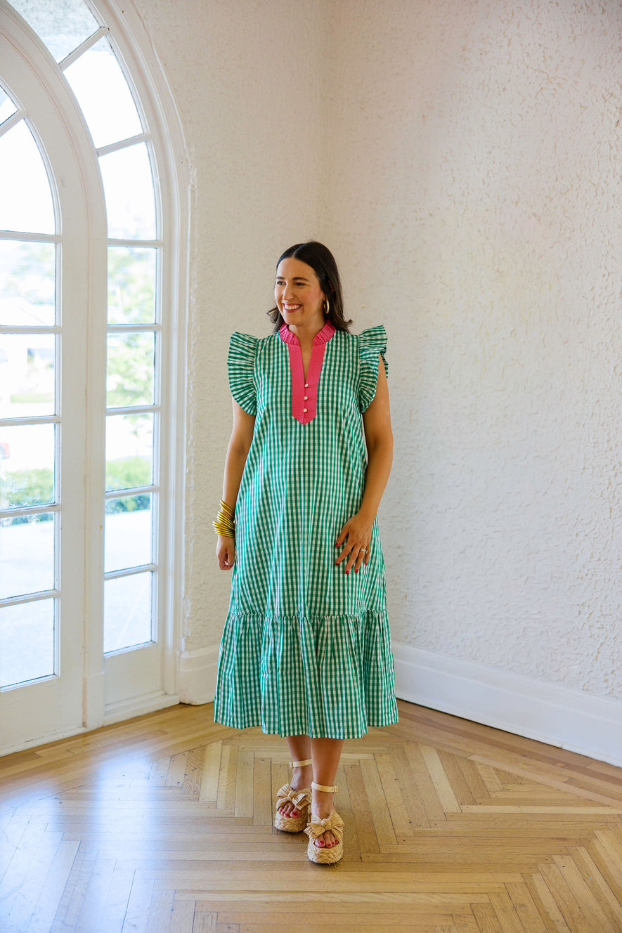 Entro Green Gingham with Pink Collar Midi Dress 8.28 Boutique Entro Green Gingham with Pink Collar Midi Dress 8.28 Boutique