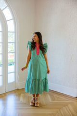 Entro Green Gingham with Pink Collar Midi Dress