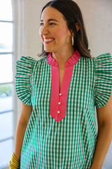 Entro Green Gingham with Pink Collar Midi Dress