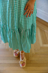 Entro Green Gingham with Pink Collar Midi Dress