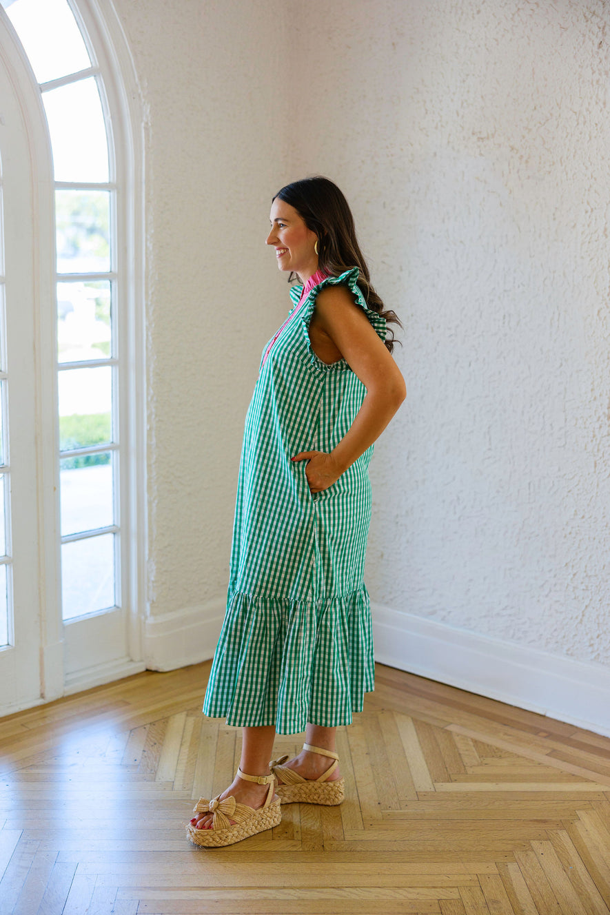Entro Green Gingham with Pink Collar Midi Dress, L / Green