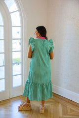 Entro Green Gingham with Pink Collar Midi Dress