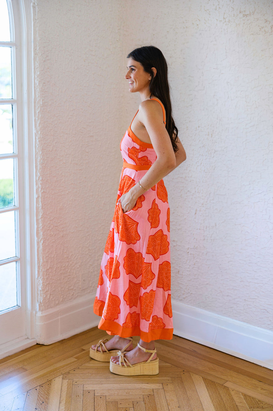 Entro Pink Palm Midi Dress, M / Pink Entro Pink Palm Midi Dress, M / Pink