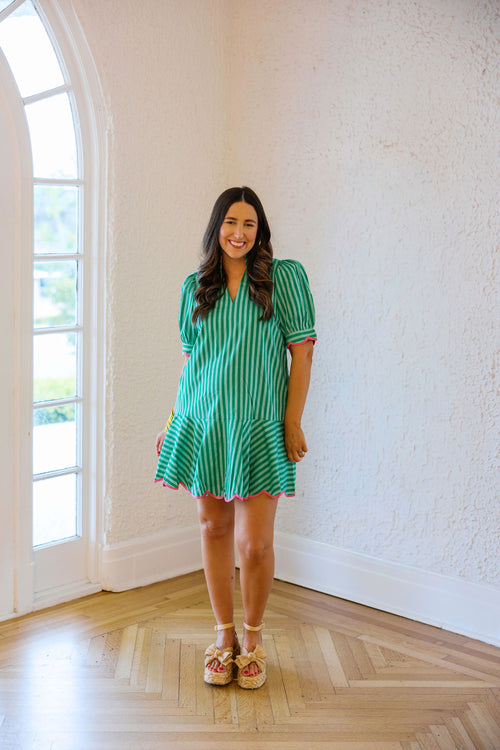 Entro Green Stripe Mini Dress with Pink Trim