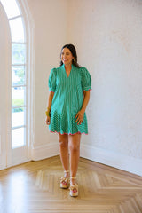 Entro Green Stripe Mini Dress with Pink Trim