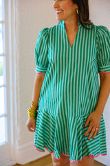 Entro Green Stripe Mini Dress with Pink Trim