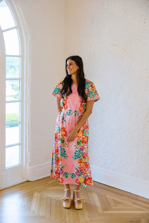 Elizabeth James Tess Midi Dress in Tulip Tapestry in Cotton Candy