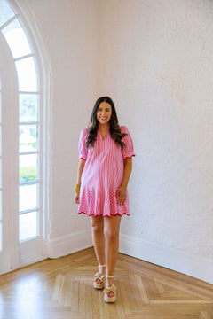 Entro Pink Stripe Scalloped Mini Dress with Red Trim, L / Pink Entro Pink Stripe Scalloped Mini Dress with Red Trim, L / Pink
