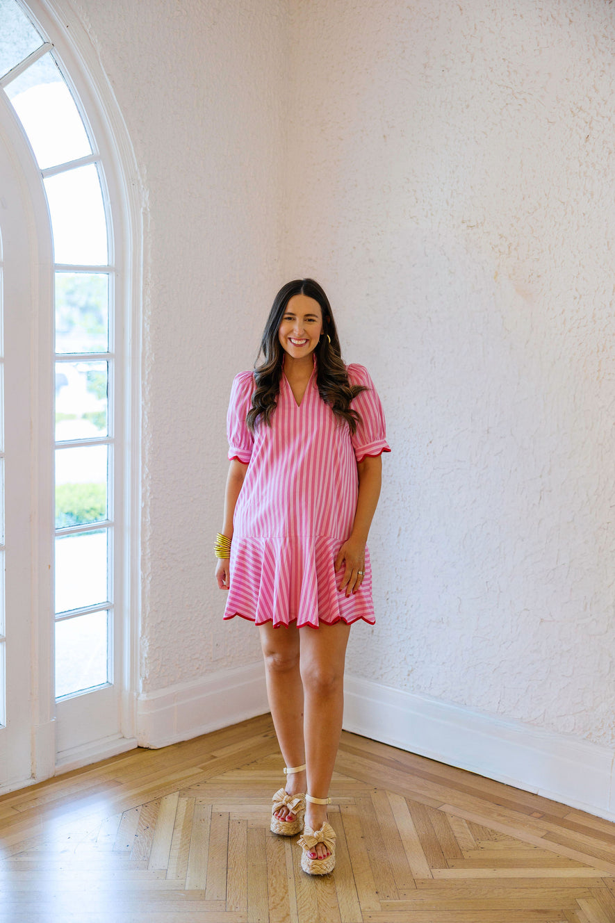 Entro Pink Stripe Scalloped Mini Dress with Red Trim, L / Pink