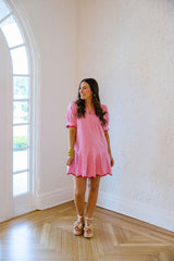 Entro Pink Stripe Scalloped Mini Dress with Red Trim