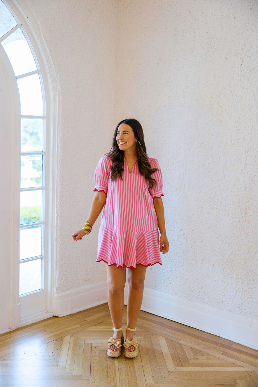 red and pink striped dress Entro Pink Stripe Scalloped Mini Dress with Red Trim, L / Pink