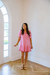 Entro Pink Stripe Scalloped Mini Dress with Red Trim