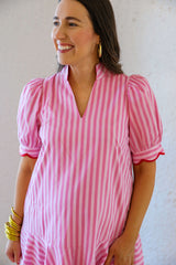 Entro Pink Stripe Scalloped Mini Dress with Red Trim