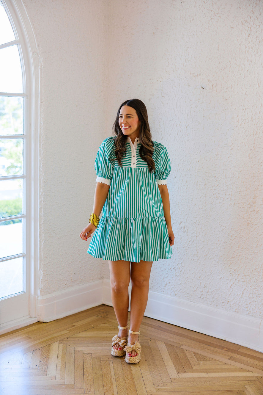 entro green dress Entro Green and White Stripe Mini Dress, M / Green