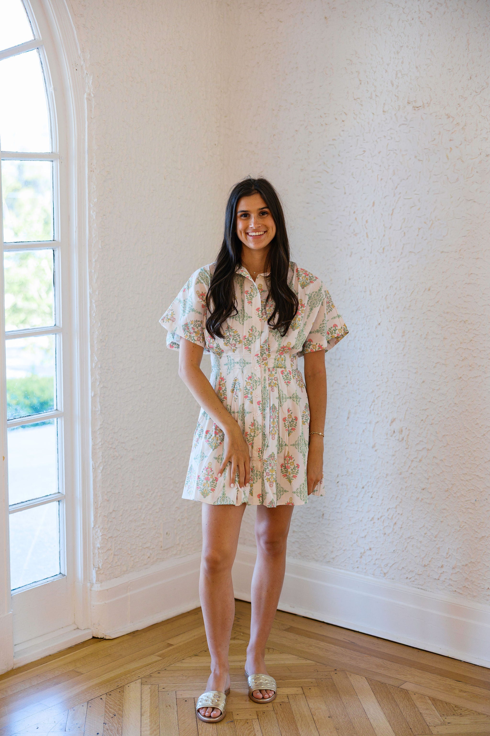 Karlie Vintage Floral Button Shirt Dress, L / Ivory