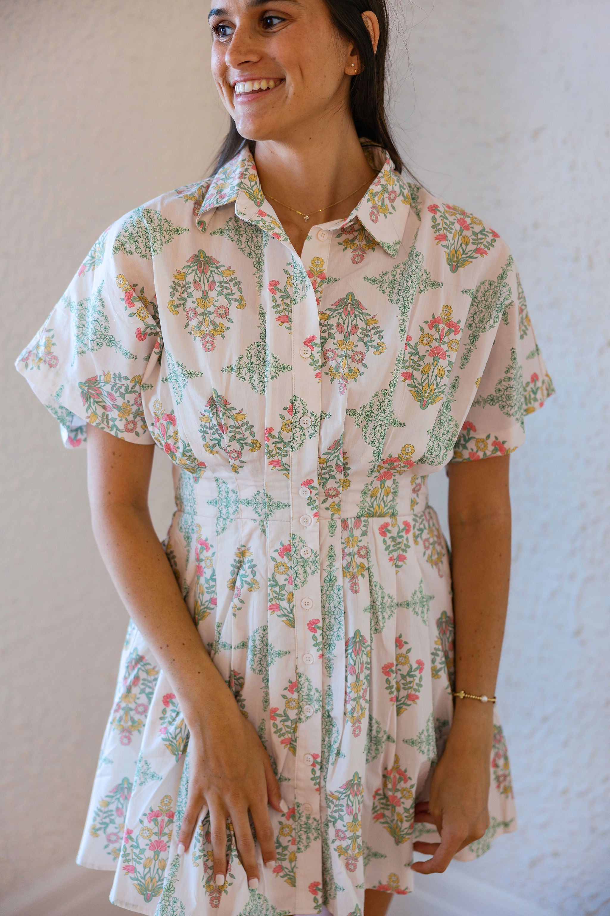 Karlie Vintage Floral Button Shirt Dress, L / Ivory