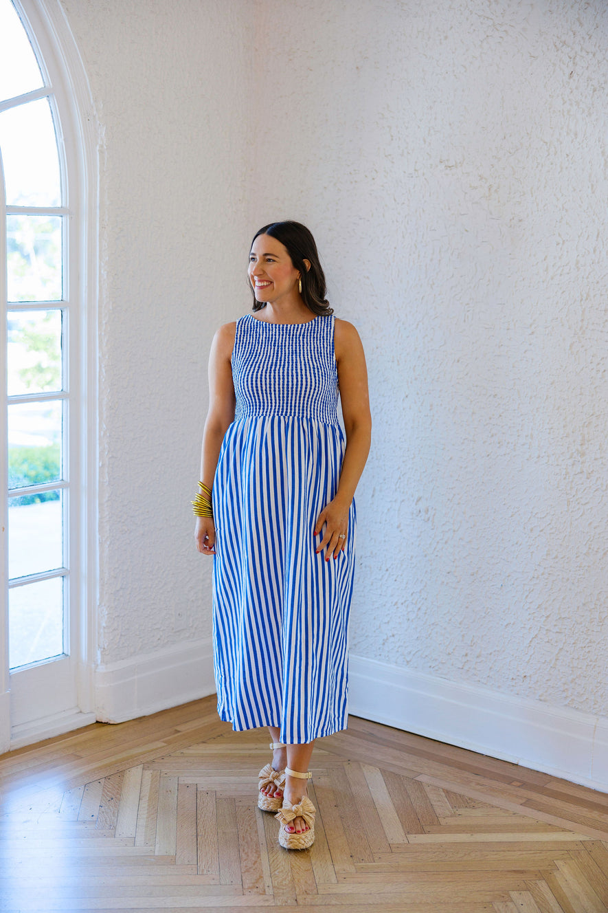 THML Blue Striped Sleeveless Midi Dress, M / Blue