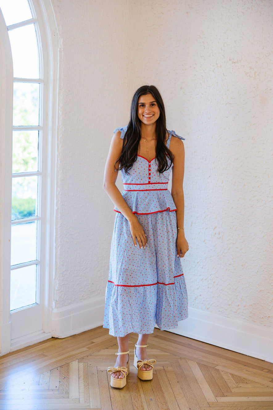Entro Blue and White Stripe Floral Midi Dress, L / Blue