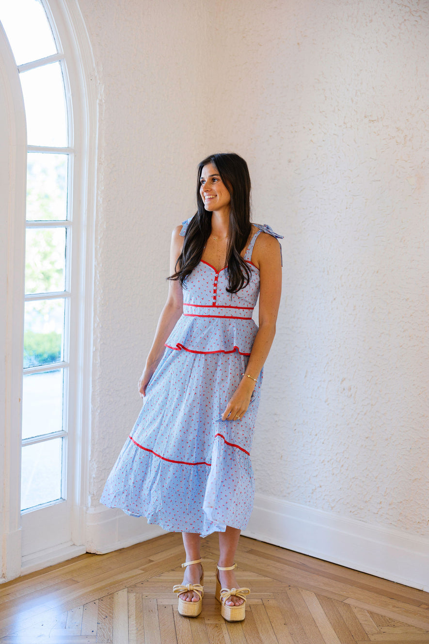 entro embroidered dress Blue and White Stripe Floral Midi Dress, L / Blue atf-sm-11.05.24 Dress to Impress Mystery Size:51 Fabric Content 80%POLYESTER 20%COTTON