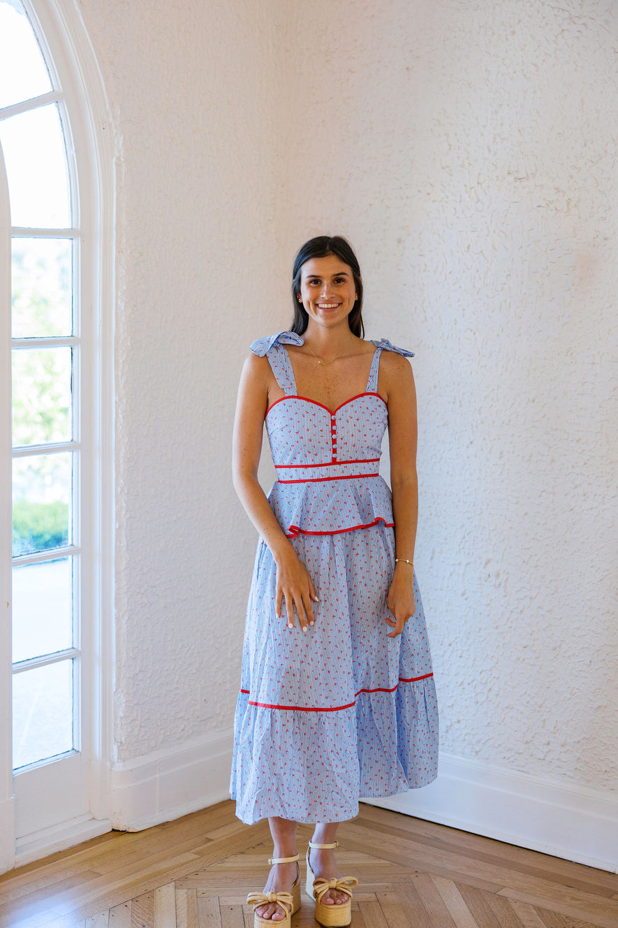 Entro Blue and White Stripe Floral Midi Dress, L / Blue