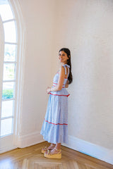 Entro Blue and White Stripe Floral Midi Dress
