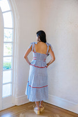 Entro Blue and White Stripe Floral Midi Dress
