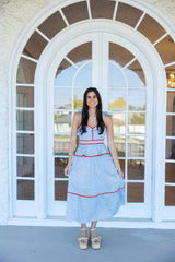 Entro Blue and White Stripe Floral Midi Dress