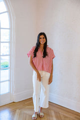 Karlie Red and White Poplin V-Neck Collar Top