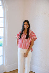 Karlie Red and White Poplin V-Neck Collar Top