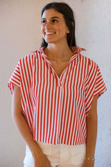 Karlie Red and White Poplin V-Neck Collar Top