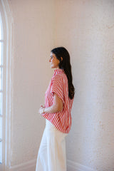 Karlie Red and White Poplin V-Neck Collar Top