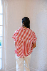 Karlie Red and White Poplin V-Neck Collar Top