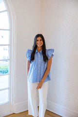Entro Blue Gingham Ruffle Hem Top