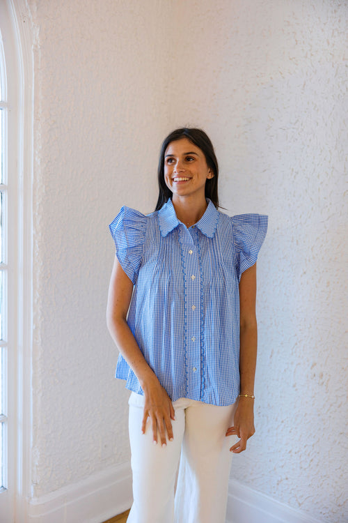 Entro Blue Gingham Ruffle Hem Top