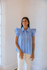 Entro Blue Gingham Ruffle Hem Top