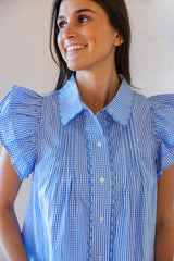 Entro Blue Gingham Ruffle Hem Top