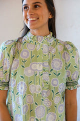 Entro Sage Floral Ruffle Neck Top