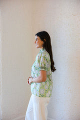Entro Sage Floral Ruffle Neck Top