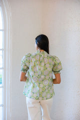 Entro Sage Floral Ruffle Neck Top