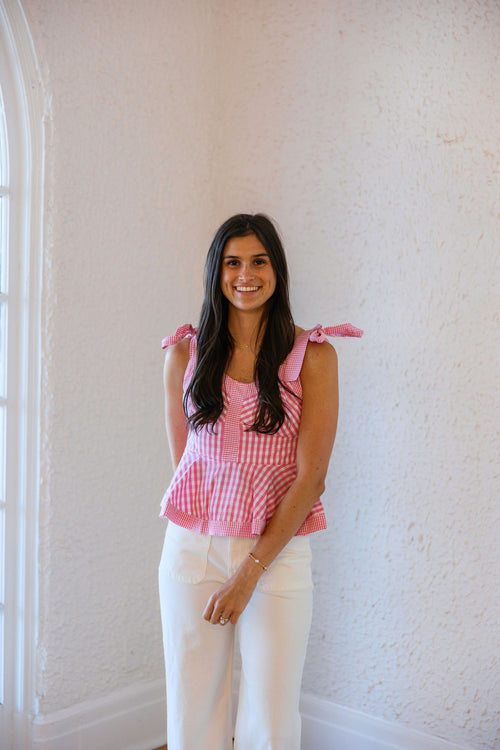 Entro Pink Gingham Peplum Tie Shoulder Top