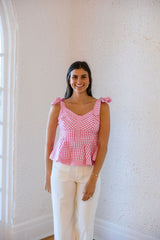 Entro Pink Gingham Peplum Tie Shoulder Top