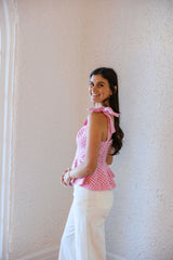 Entro Pink Gingham Peplum Tie Shoulder Top