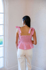 Entro Pink Gingham Peplum Tie Shoulder Top