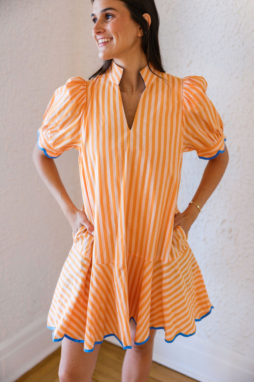 orange and blue mini dress Entro Orange Stripe Scalloped Sleeve Mini Dress with Blue Trim – 8.28  Boutique