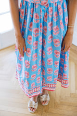 TCEC Gloria Flower Detail Midi Dress in Blue