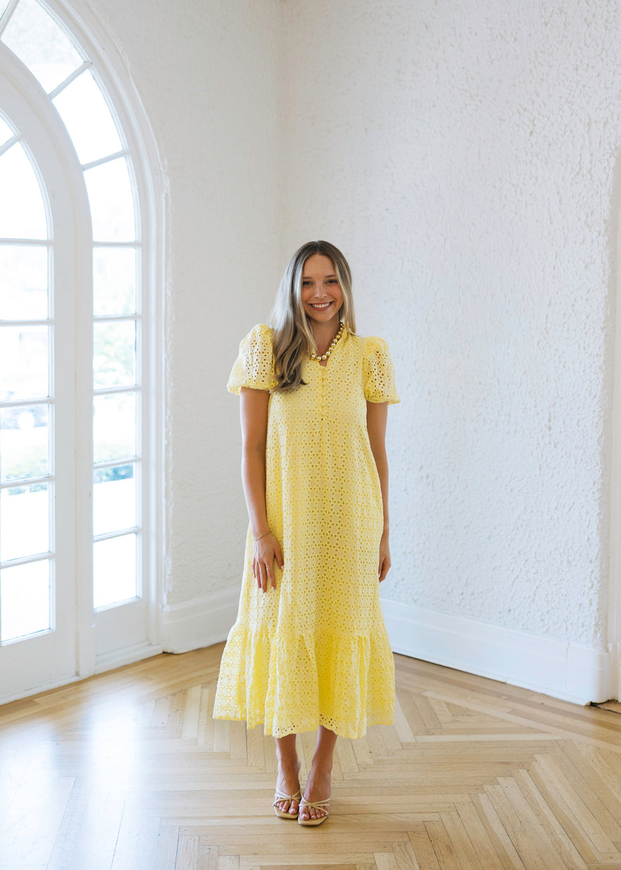 Entro Puff Sleeve Eyelet Maxi Dress in Yellow  8.28 Boutique