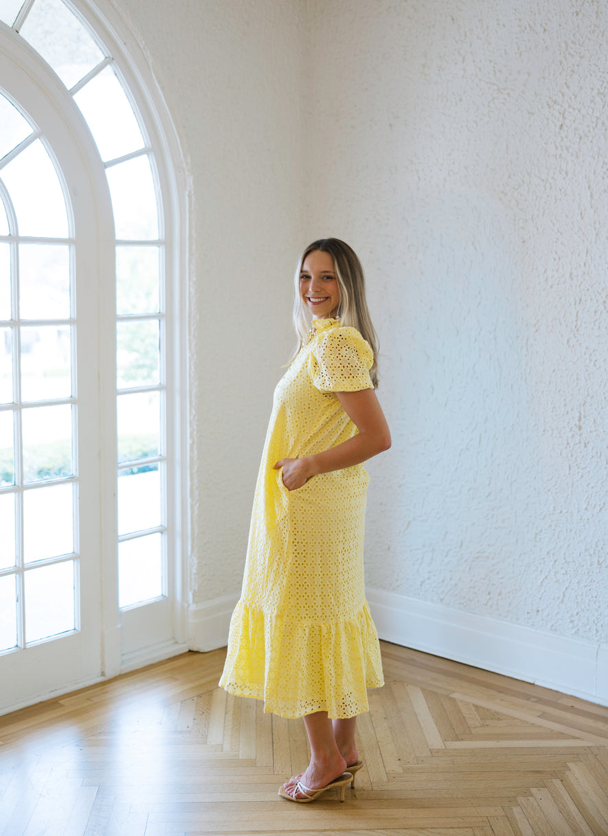 yellow eyelet dress Entro Puff Sleeve Eyelet Maxi Dress in Yellow – 8.28 Boutique