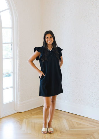 Entro Gingham Ruffle Sleeve Navy Dress