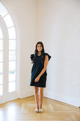 Entro Scalloped Ruffle Sleeve Mini Dress in Black