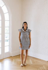 Entro Gingham Ruffle Sleeve Navy Dress